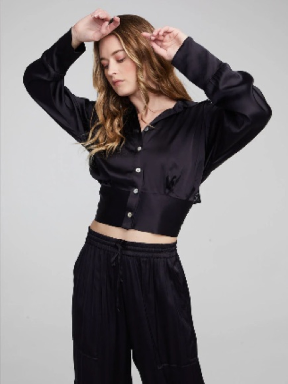 NWT CHASER Agnes Silky Stretch Blouse in Shadow Black with Back Cut Out, Small